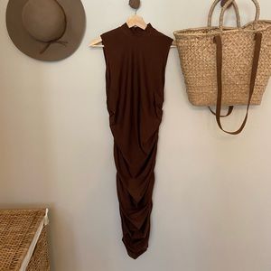 Brown ruched mock neck dress